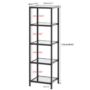 YMYNY Standing Storage Shelf Units, 5-Tier Tempered Glass Shelving Unit, Bookcase, Storage Rack Shelf for Bedroom, Bathroom, Home Office, Modern Style, 49.2H*13.8L*11.8W, Black UHGD005B