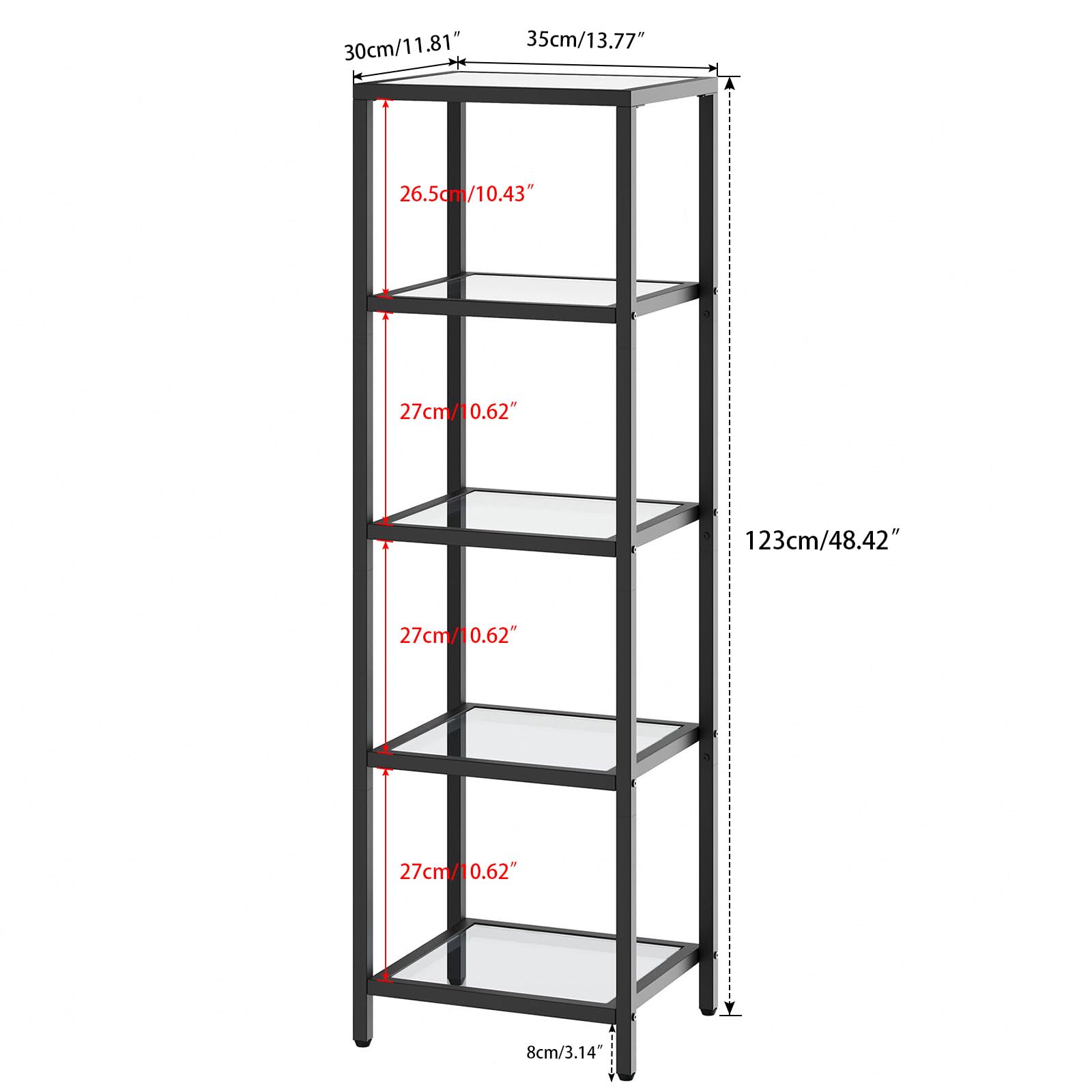 YMYNY Standing Storage Shelf Units, 5-Tier Tempered Glass Shelving Unit, Bookcase, Storage Rack Shelf for Bedroom, Bathroom, Home Office, Modern Style, 49.2H*13.8L*11.8W, Black UHGD005B