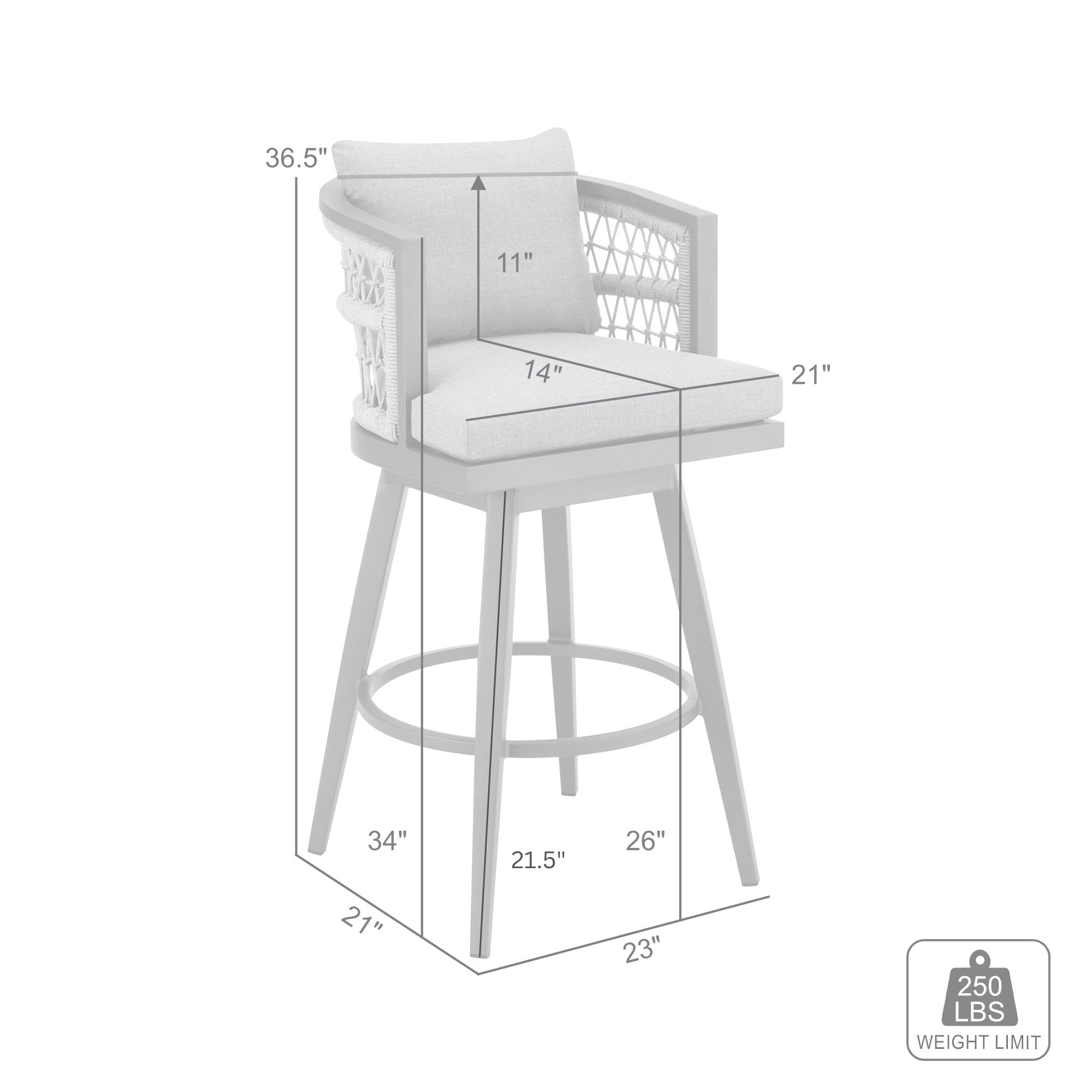 Zella Outdoor Patio Swivel Counter Stool in Aluminum with Light Gray Rope and Earl Gray Cushions