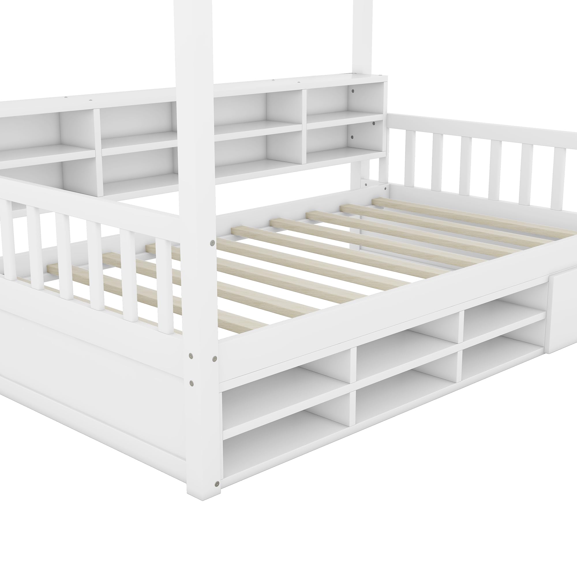 VilroCaz Twin Size House Bed with Shelves and a Mini-Cabinet, Wood Kids Platform Bed Frame with Sturdy Slats Support, Playhouse Design Daybed for Kids Teens Girls Boys (White-3tw)