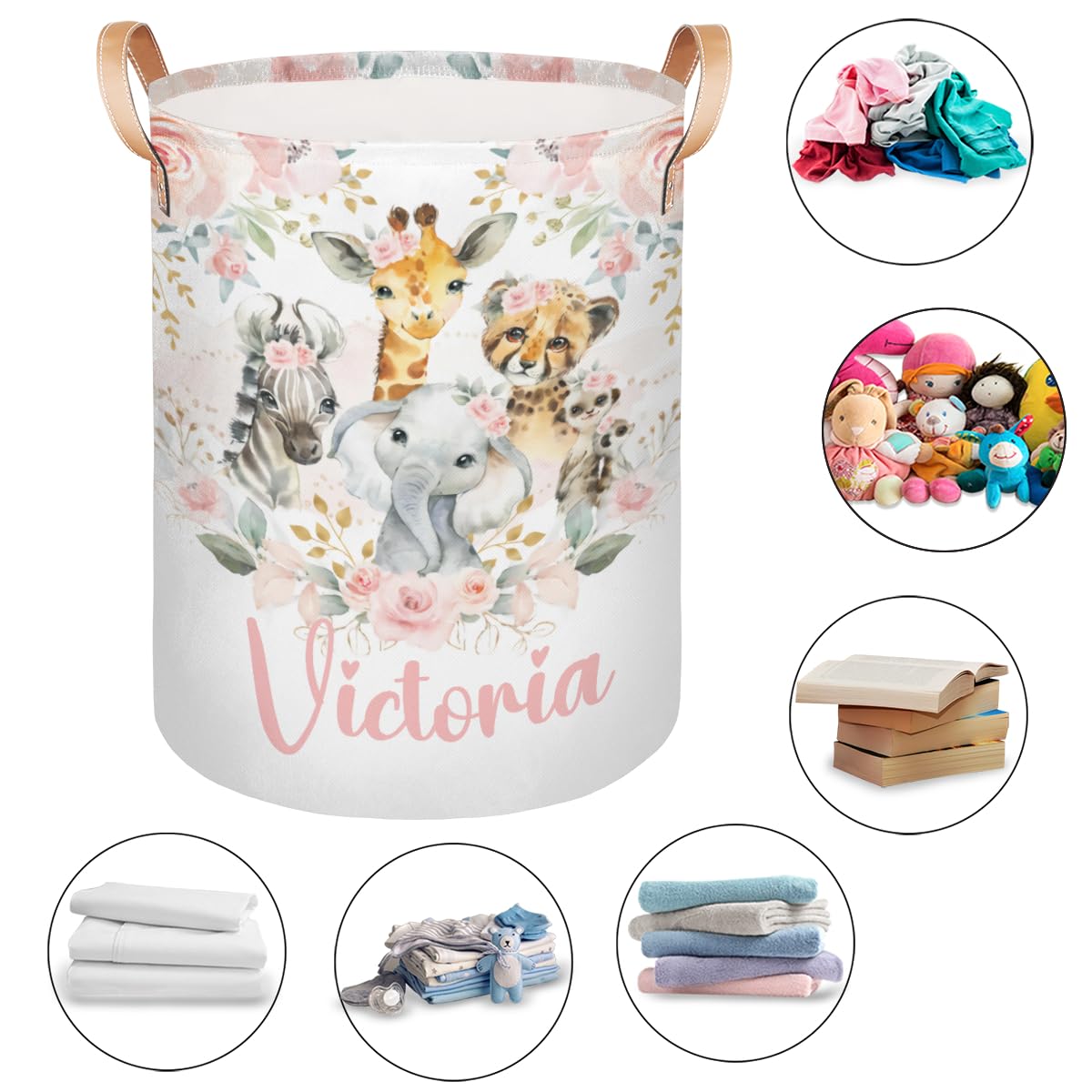 Personalized Laundry Basket, Custom Gift Laundry Hamper, Collapsible Nursery Waterproof Laundry Baskets, Dirty Clothes Toy Hamper with Handles Jungle Safari Blush Floral