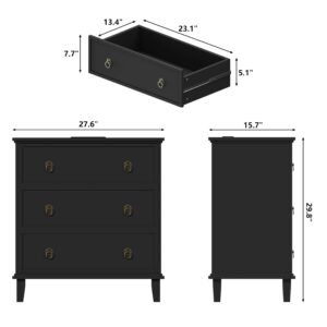 COWMOU Large Black Nightstand with Charging Station, 3 Drawers Nightstand 29.8" X 27.6", Farmhouse Bedside Table Nightstand with 3 Drawer for Bedroom, Hallway, Entryway