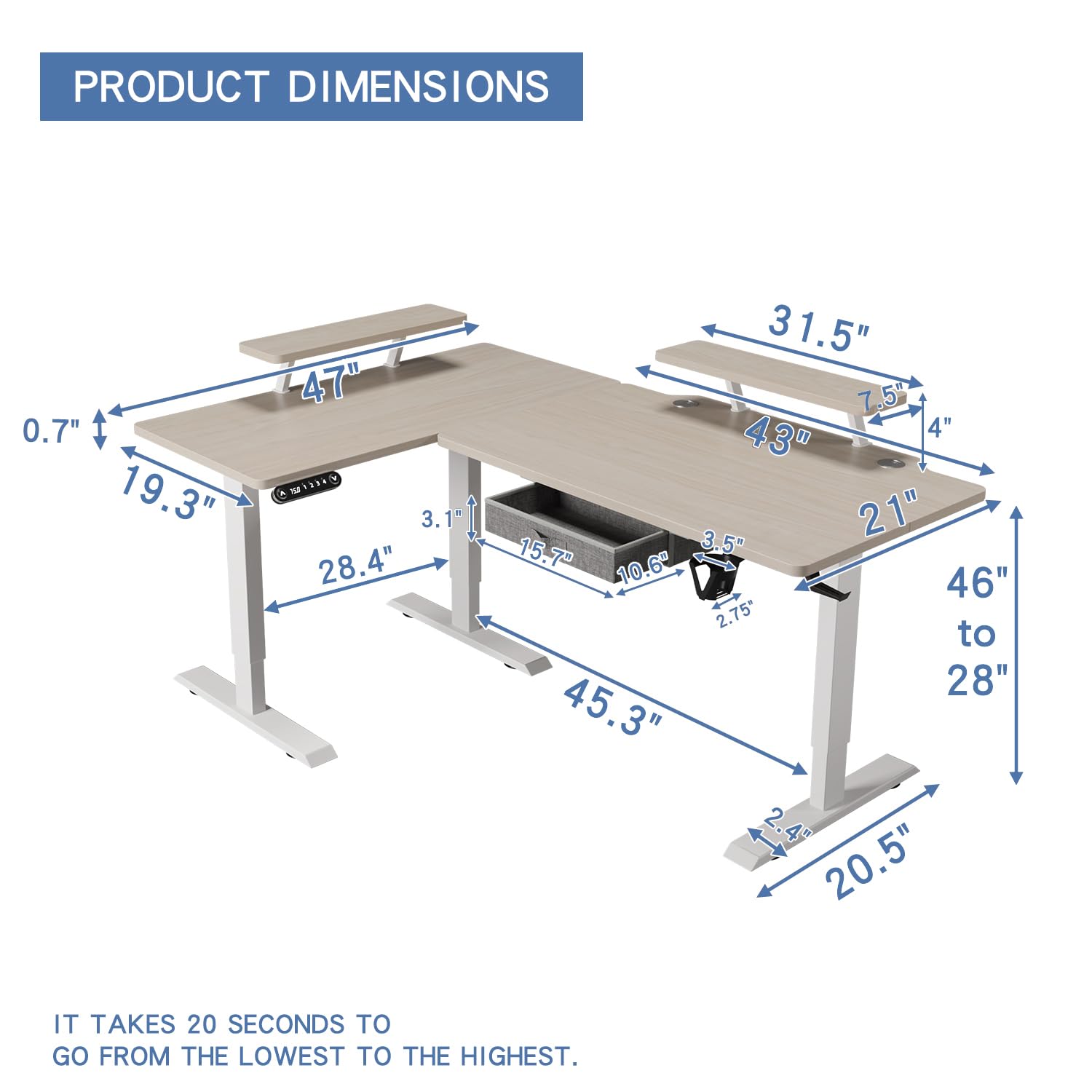 Jceet 62x47 Inches L Shaped Electric Standing Desk with Drawer, Adjustable Height Sit Stand Up Desk with Storage Shelf, Pale Pearwood Top/White Frame