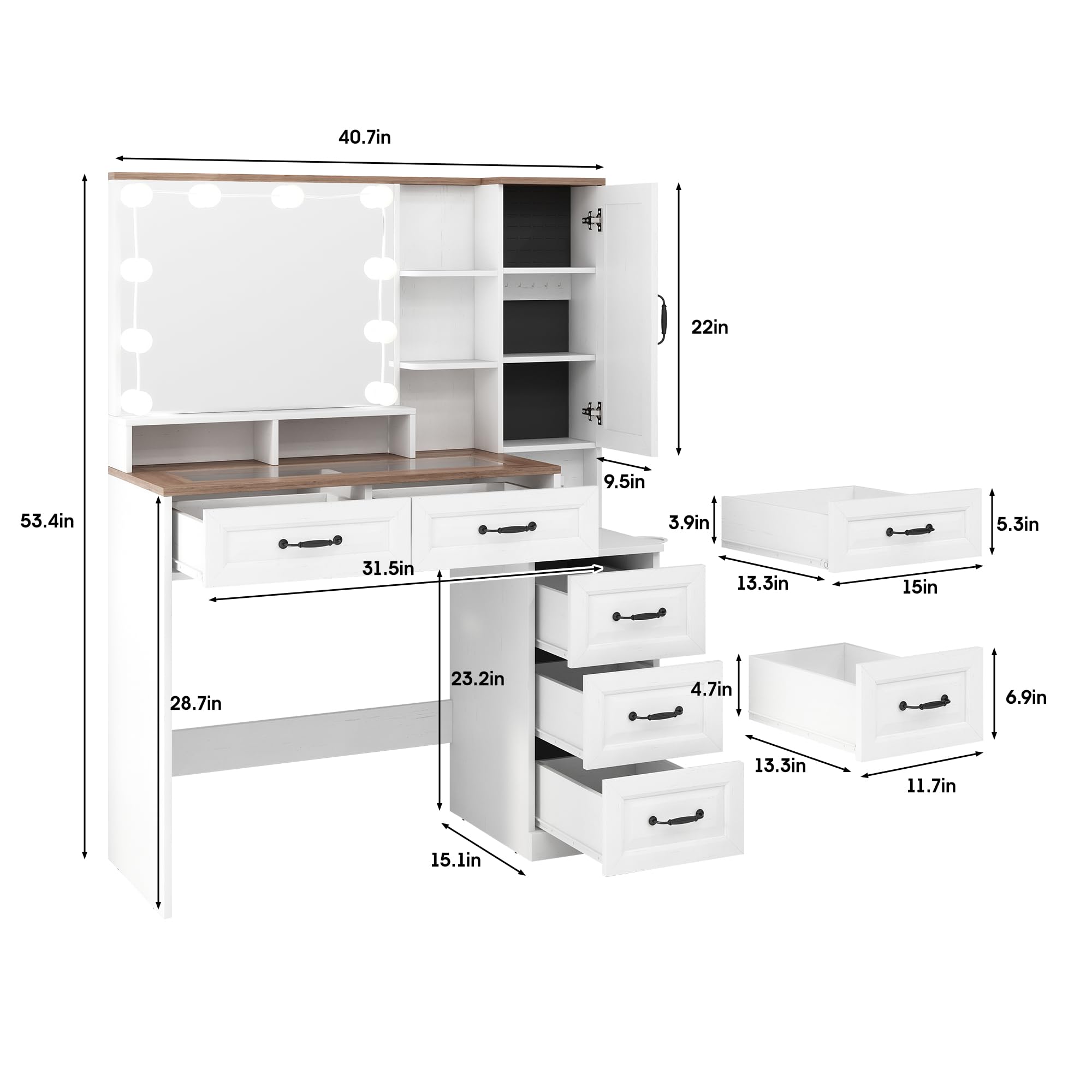 Vabches Makeup Vanity Desk with Lights and Mirror, Brown Vanity Table Set with Charging Station, Glass Top Vanity with RGB Lights, Large Mirror with 3 Lighting Modes, 5 Drawers & Cabinet, 40.7in(L)