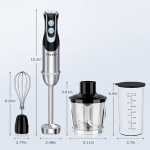 FRESKO Immersion Blender Handheld, 4-in-1 Stainless Steel Hand Stick Blender Electric with 12-Speeds & Turbo Mode, Powerful 500W Emulsion Blender with Beaker, Chopper & Whisk for Smoothies, Soup