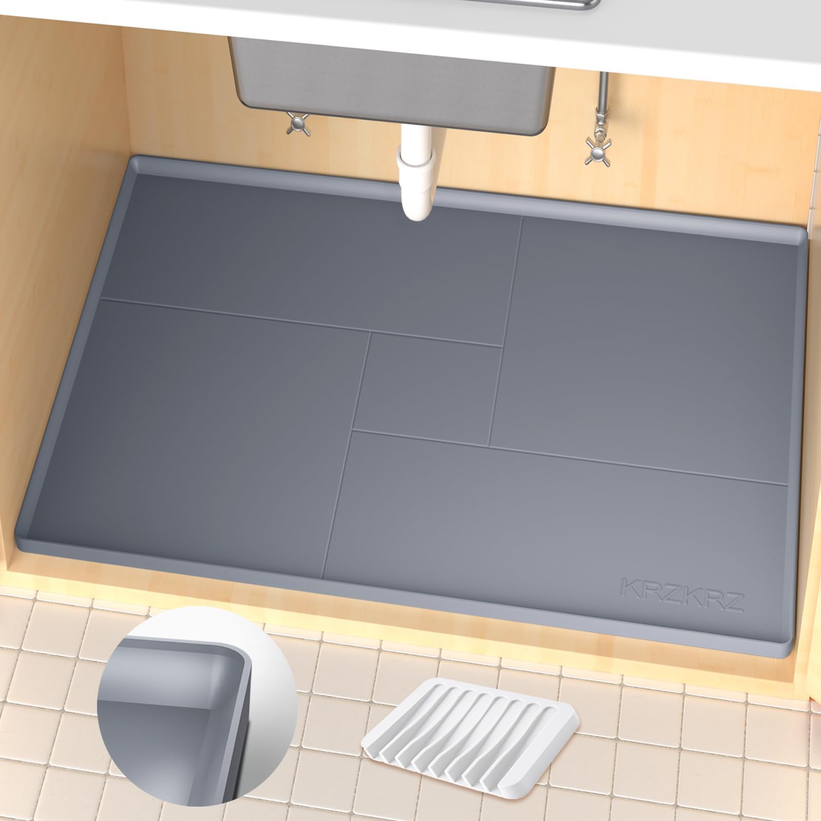 KRZKRZ Under Sink Mat 34x22,Multi-role Under the Sink Mat,Under Sink Mats for Kitchen Waterproof ,Thick Silicone Under Kitchen Sink Mat ,Grey Under Sink Tray can Store and Protect Bathroom,Cabinet.