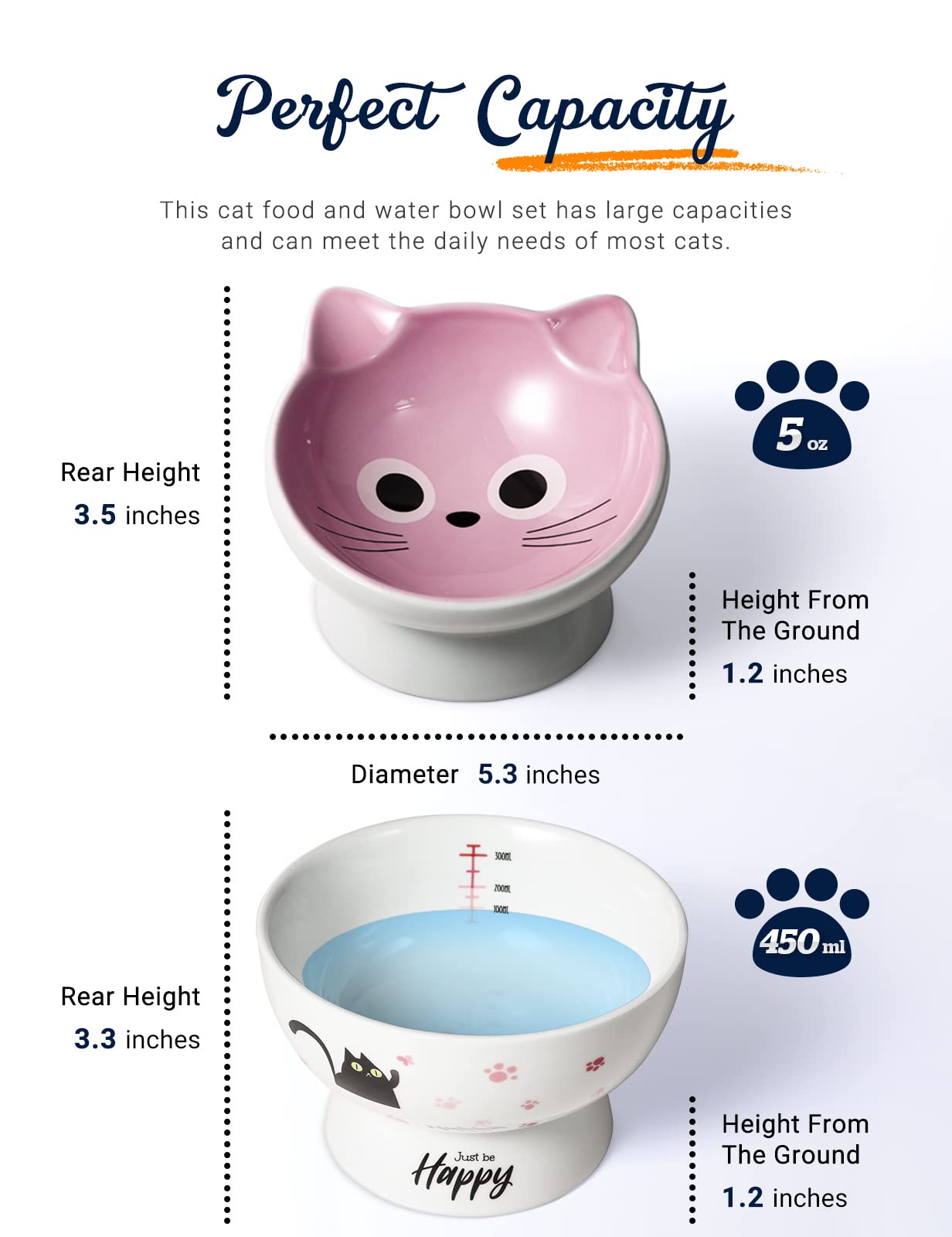 AISBUGUR Ceramic Cat Bowls Set of 2, Elevated 15 Tilted Design for Indoor Cats, Large Capacity, Easy to Clean, Non-Slip Base, Cute Pattern,Pink