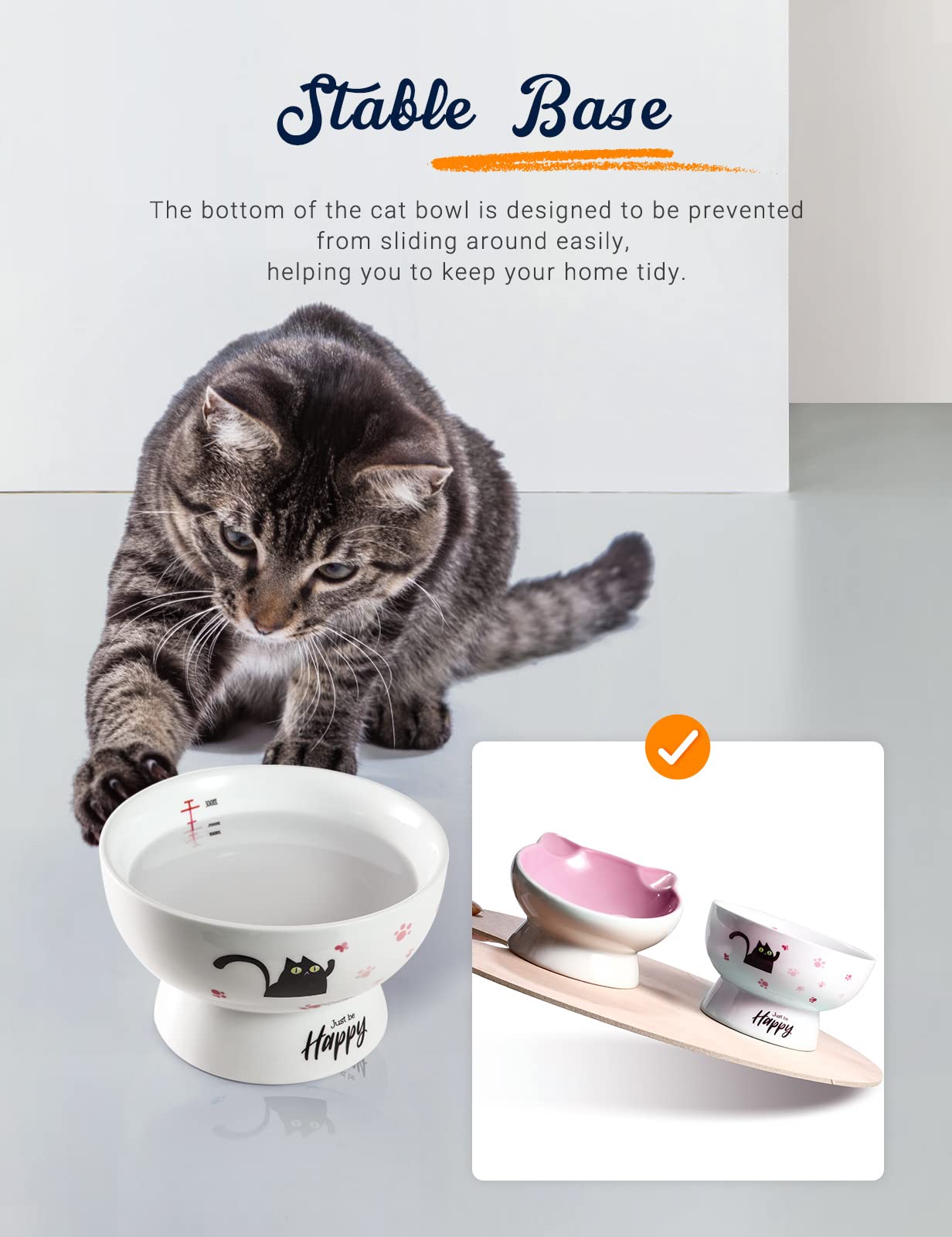 AISBUGUR Ceramic Cat Bowls Set of 2, Elevated 15 Tilted Design for Indoor Cats, Large Capacity, Easy to Clean, Non-Slip Base, Cute Pattern,Pink