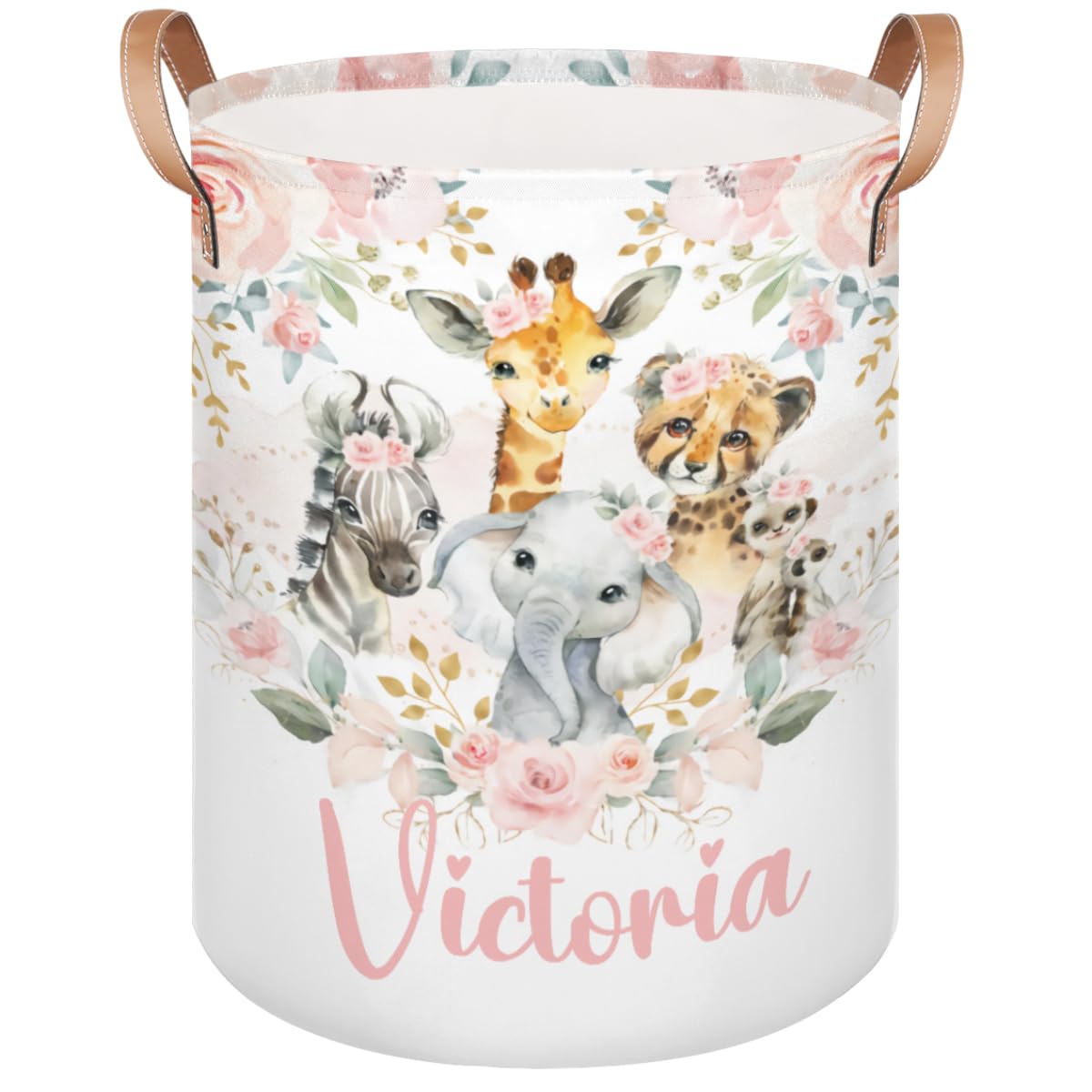 Personalized Laundry Basket, Custom Gift Laundry Hamper, Collapsible Nursery Waterproof Laundry Baskets, Dirty Clothes Toy Hamper with Handles Jungle Safari Blush Floral