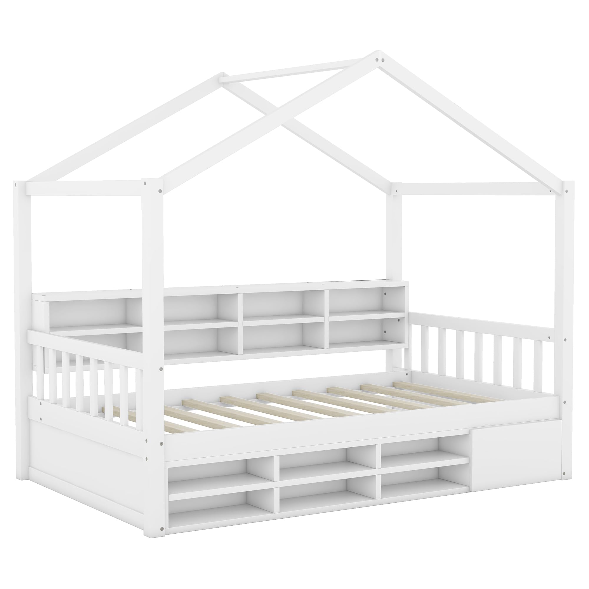 VilroCaz Twin Size House Bed with Shelves and a Mini-Cabinet, Wood Kids Platform Bed Frame with Sturdy Slats Support, Playhouse Design Daybed for Kids Teens Girls Boys (White-3tw)