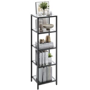 ymyny standing storage shelf units, 5-tier tempered glass shelving unit, bookcase, storage rack shelf for bedroom, bathroom, home office, modern style, 49.2h*13.8l*11.8w, black uhgd005b