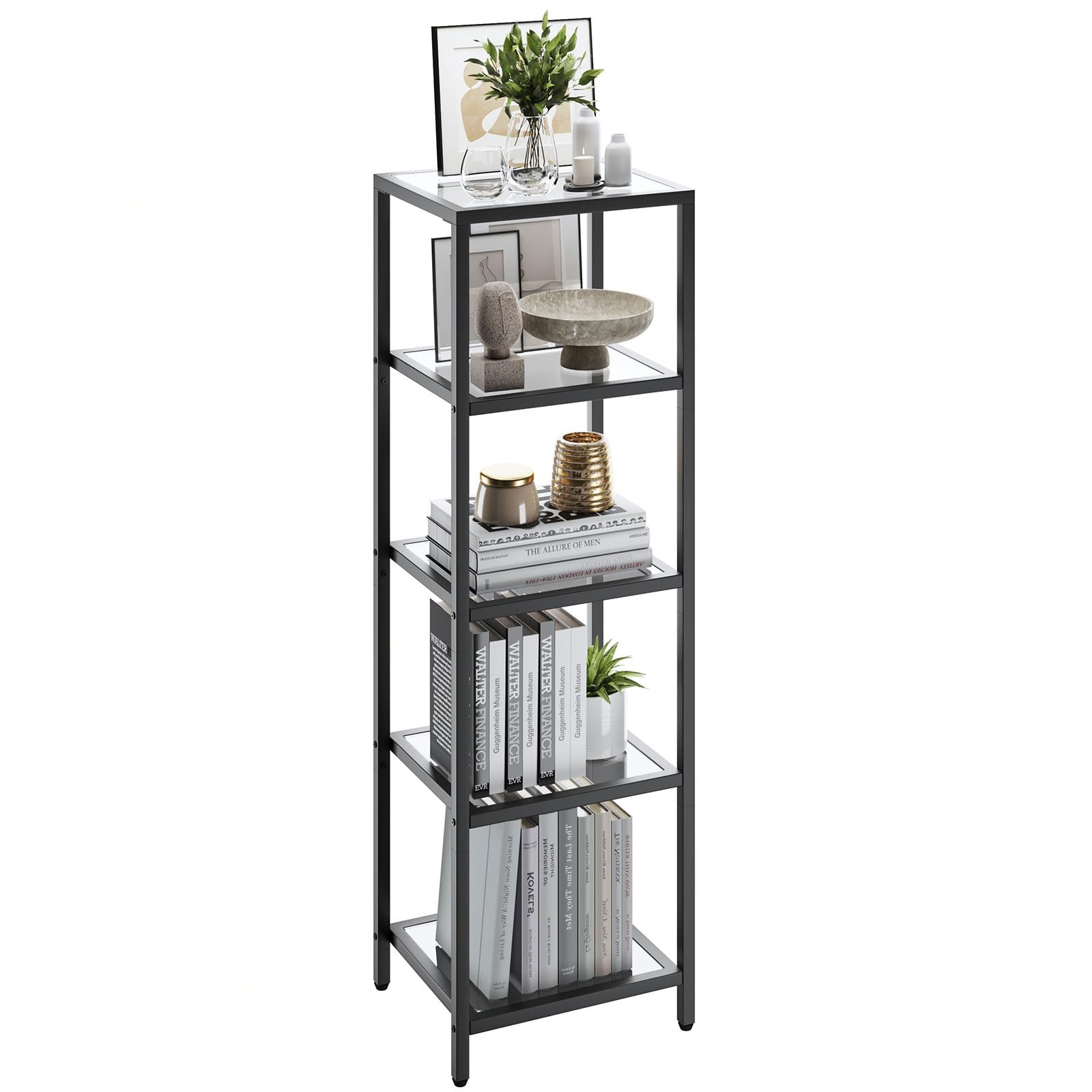 YMYNY Standing Storage Shelf Units, 5-Tier Tempered Glass Shelving Unit, Bookcase, Storage Rack Shelf for Bedroom, Bathroom, Home Office, Modern Style, 49.2H*13.8L*11.8W, Black UHGD005B