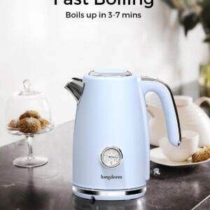 LONGDEEM Electric Kettle Quick Heating, Hot Tea Water Boiler with Thermometer 1.7L Stainless Steel Cordless LED Indicator 1500W, Auto Shut-Off & Boil Dry Protection, Easy to Clean, Blue