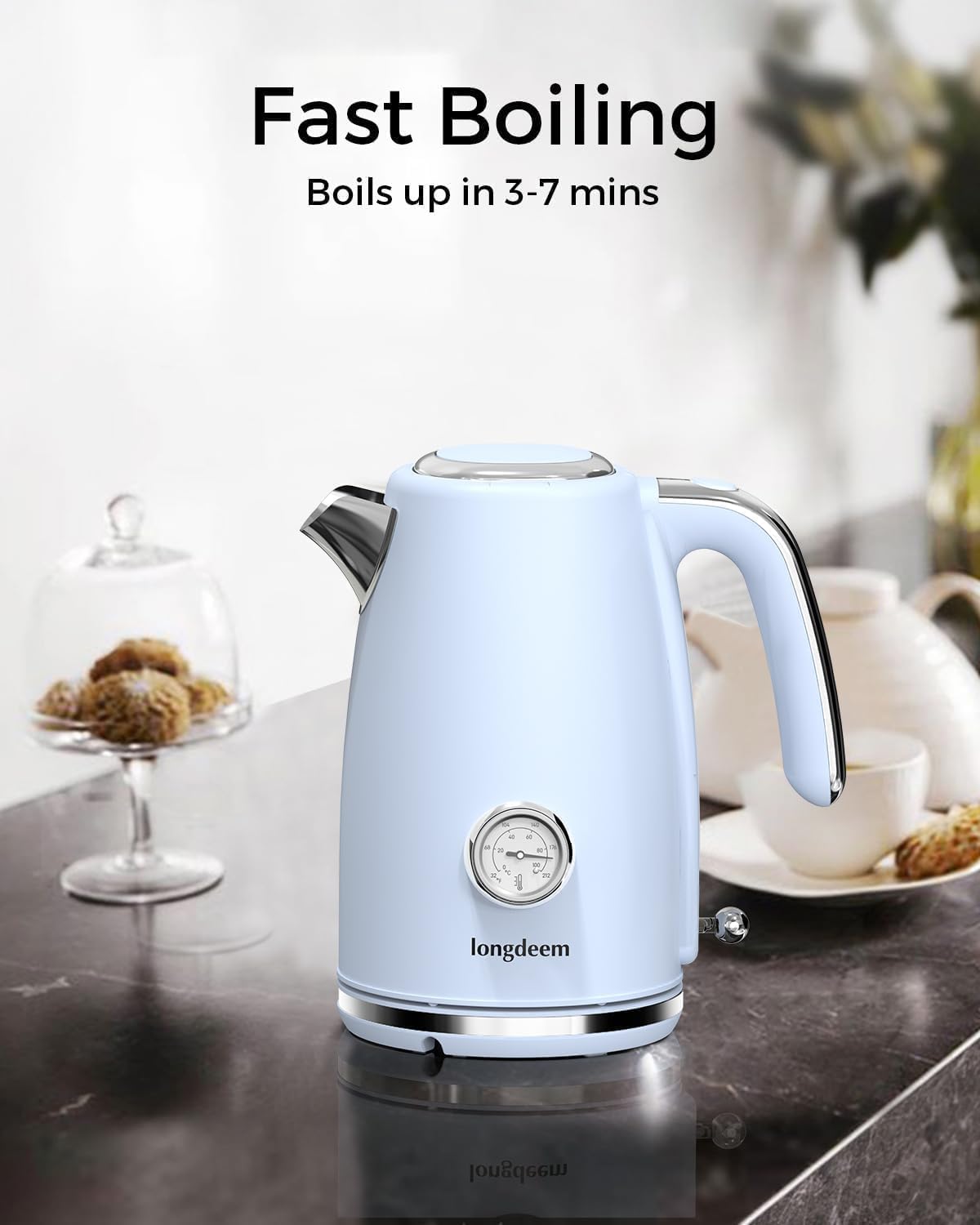 LONGDEEM Electric Kettle Quick Heating, Hot Tea Water Boiler with Thermometer 1.7L Stainless Steel Cordless LED Indicator 1500W, Auto Shut-Off & Boil Dry Protection, Easy to Clean, Blue