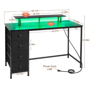 LOAKEKEL 55 Inch Desk with Drawers, Gaming Desk with LED Light & Power Outlets, Black Computer Desk with Monitor Stand, Writing Desk with Headphone Hook for Home Office, Bedroom, HGD14BK