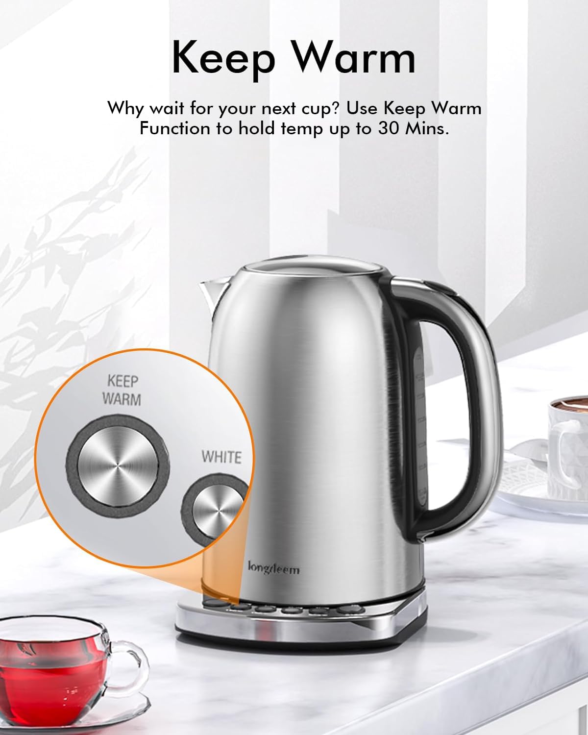 Longdeem Temp Control Electric Tea Kettle, 1.7L Stainless Steel Water Boiler & Heater, Fast Boiling 1500 Watts, Cordless Kettle with Auto-Shutoff, Boil-Dry Protection, LED Light, Silver