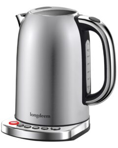 longdeem temp control electric tea kettle, 1.7l stainless steel water boiler & heater, fast boiling 1500 watts, cordless kettle with auto-shutoff, boil-dry protection, led light, silver