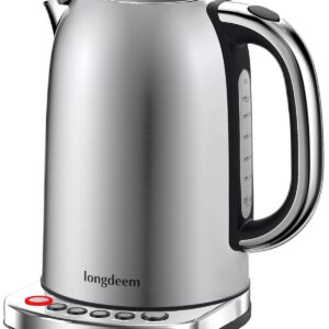 Longdeem Temp Control Electric Tea Kettle, 1.7L Stainless Steel Water Boiler & Heater, Fast Boiling 1500 Watts, Cordless Kettle with Auto-Shutoff, Boil-Dry Protection, LED Light, Silver