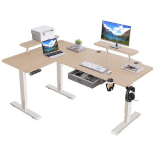 jceet 62x47 inches l shaped electric standing desk with drawer, adjustable height sit stand up desk with storage shelf, pale pearwood top/white frame