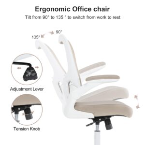 TOPBSHODC Office Chair, Ergonomic Desk Chair with Flip-up Armrests, PU Leather Computer Chair with Lumbar Support, Home Office Desk Chairs with Thickened Cushion, Swivel Mesh Task Chair, Khaki