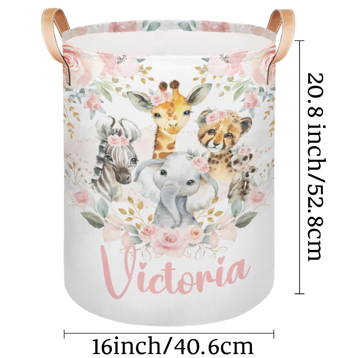 Personalized Laundry Basket, Custom Gift Laundry Hamper, Collapsible Nursery Waterproof Laundry Baskets, Dirty Clothes Toy Hamper with Handles Jungle Safari Blush Floral