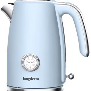 LONGDEEM Electric Kettle Quick Heating, Hot Tea Water Boiler with Thermometer 1.7L Stainless Steel Cordless LED Indicator 1500W, Auto Shut-Off & Boil Dry Protection, Easy to Clean, Blue