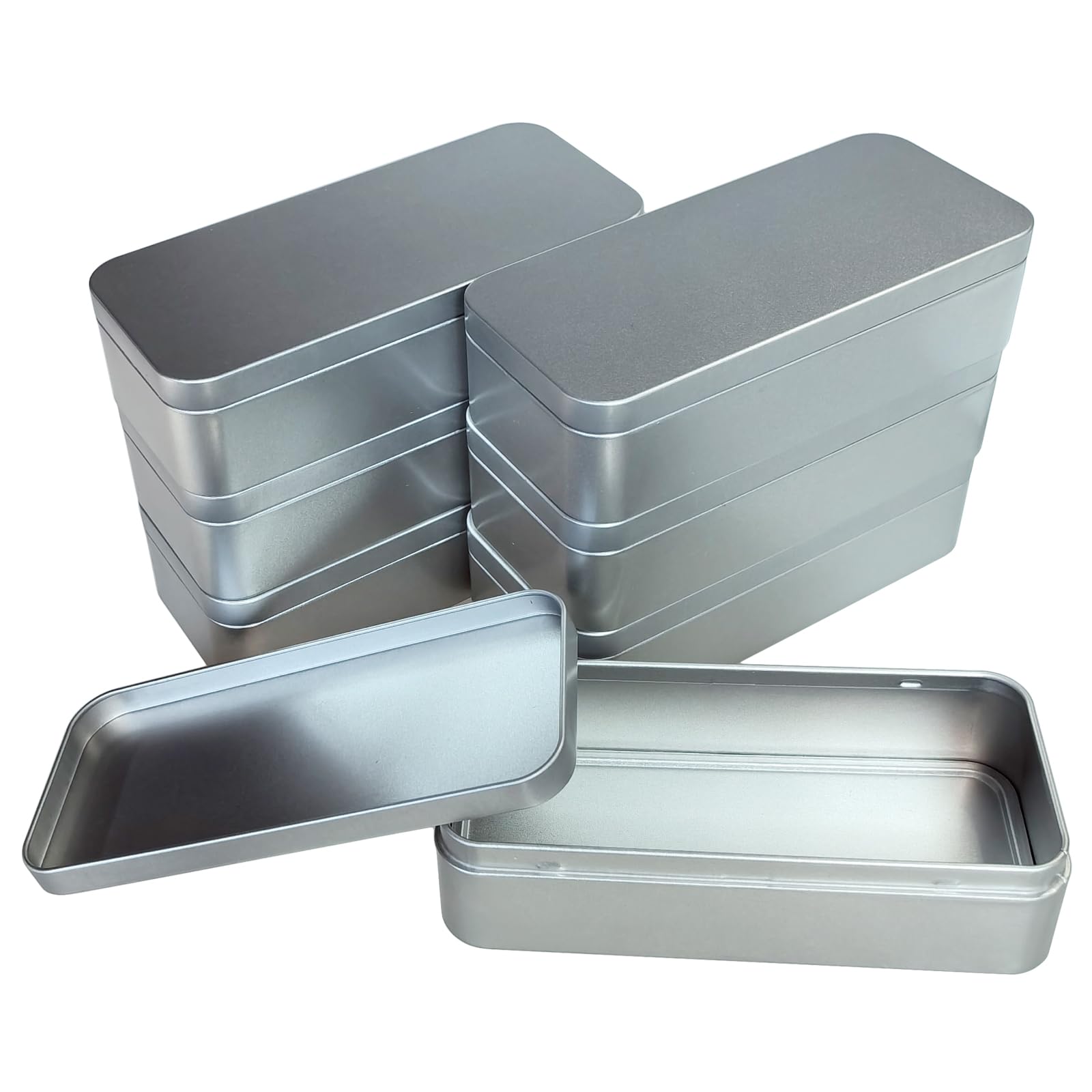 7 Pieces Rectangular Metal Empty Tins Containers Basic Necessities Home Storage Organizer Mini Box Set, 5.9 x 2.75 x 1.57 inches (Silver)