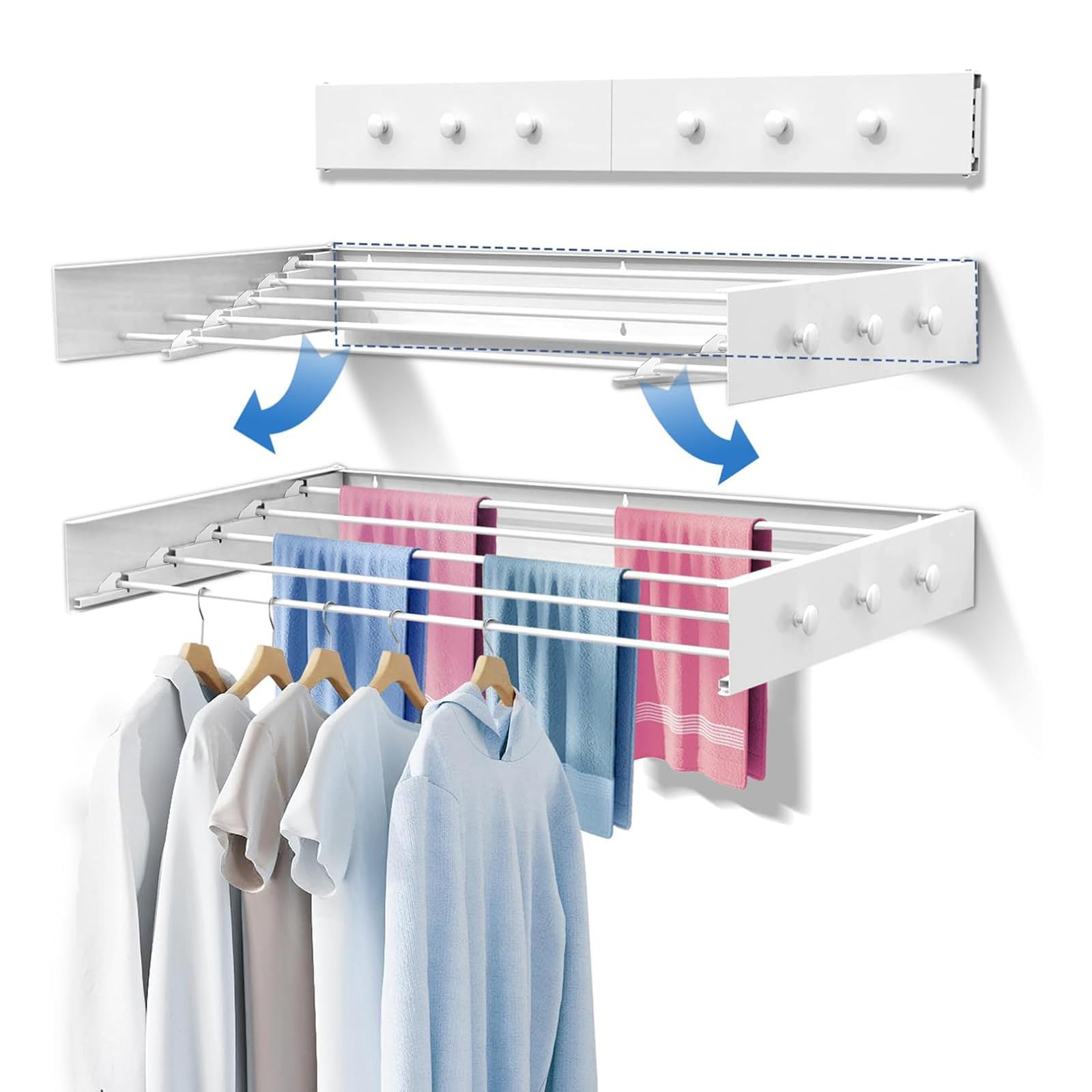 Muibe Upgrade 6 Knob Hooks Wall Mounted Clothes Drying Rack, Foldable Collapsible Wall Mount Laundry Drying Rack Indoor, Drying Rack Clothing, Towel Drying Rack with Wall Template, 5 Rods, 31.5"