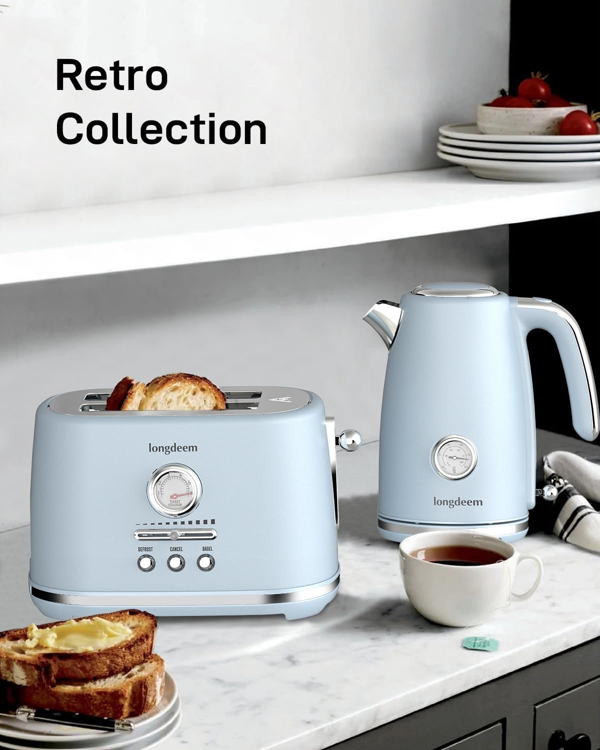 2 Slice Toaster, Wide Slots, Lift + Look, Auto-Off, & Frozen Modes for Toast, Bagels, Waffles & Fruity Breads, Retro Collection, Easy-Clean Crumb Tray, Blue