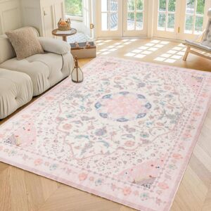 auruge area rug - vintage 8x10 non-slip backing area rugs light pink soft faux wool carpet foldable & machine washable rugs for living room bedroom dining room nursery home office