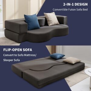 ijuicy 2-in-1 Convertible Queen Size Floor Sofa Bed,79" Foldable Futon Sofa Bed, Foam Folding Mattress Sleeper Sofa Bed, Leathaire Fabrics Floor Couch Lounge for Small Spaces(Dark Grey)