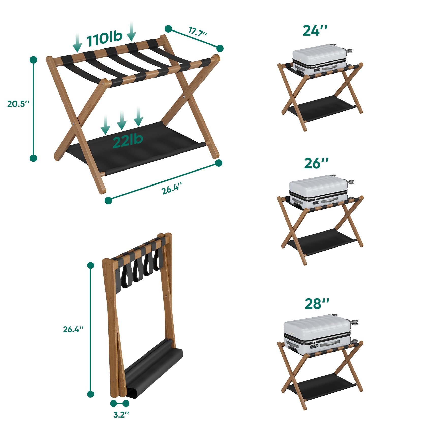 Smuxee Walnut Bamboo Luggage Rack Pack of 2, Foldable Suitcase Stand with Storage Shelf, Easily Assembled Luggage Stand with 5 Nylon-Straps for Guest Room Hotel Bedroom