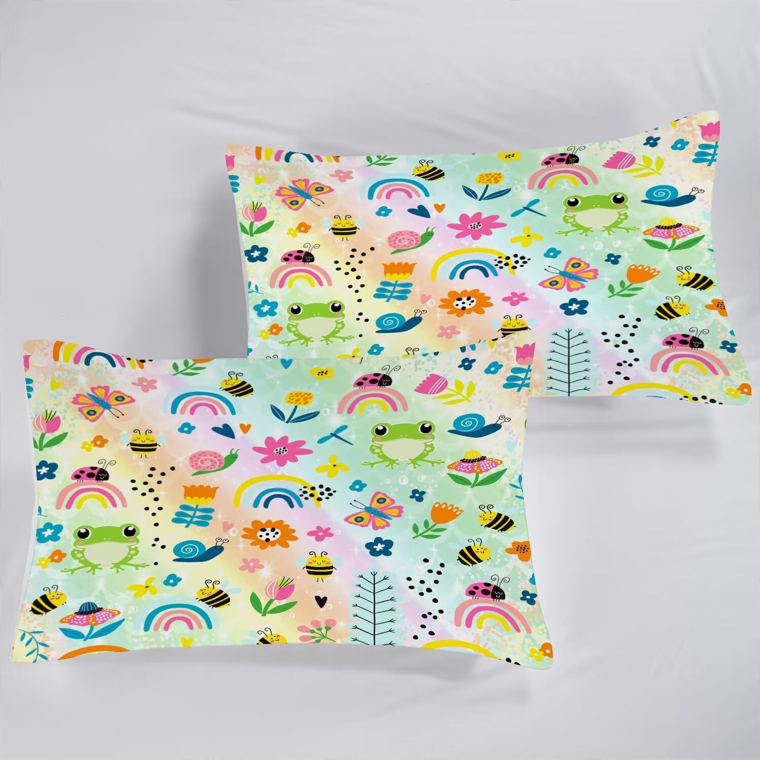 FUYEUN Rainbow Frogs Fitted Sheet Sets,Cartoon Floral Kids Bedding Twin Size for Girls Teens Adults Bedroom Bed, Kawaii Sheets Bedspread Set,1 Flat Sheet 1 Fitted Sheet 1 Pillowcase