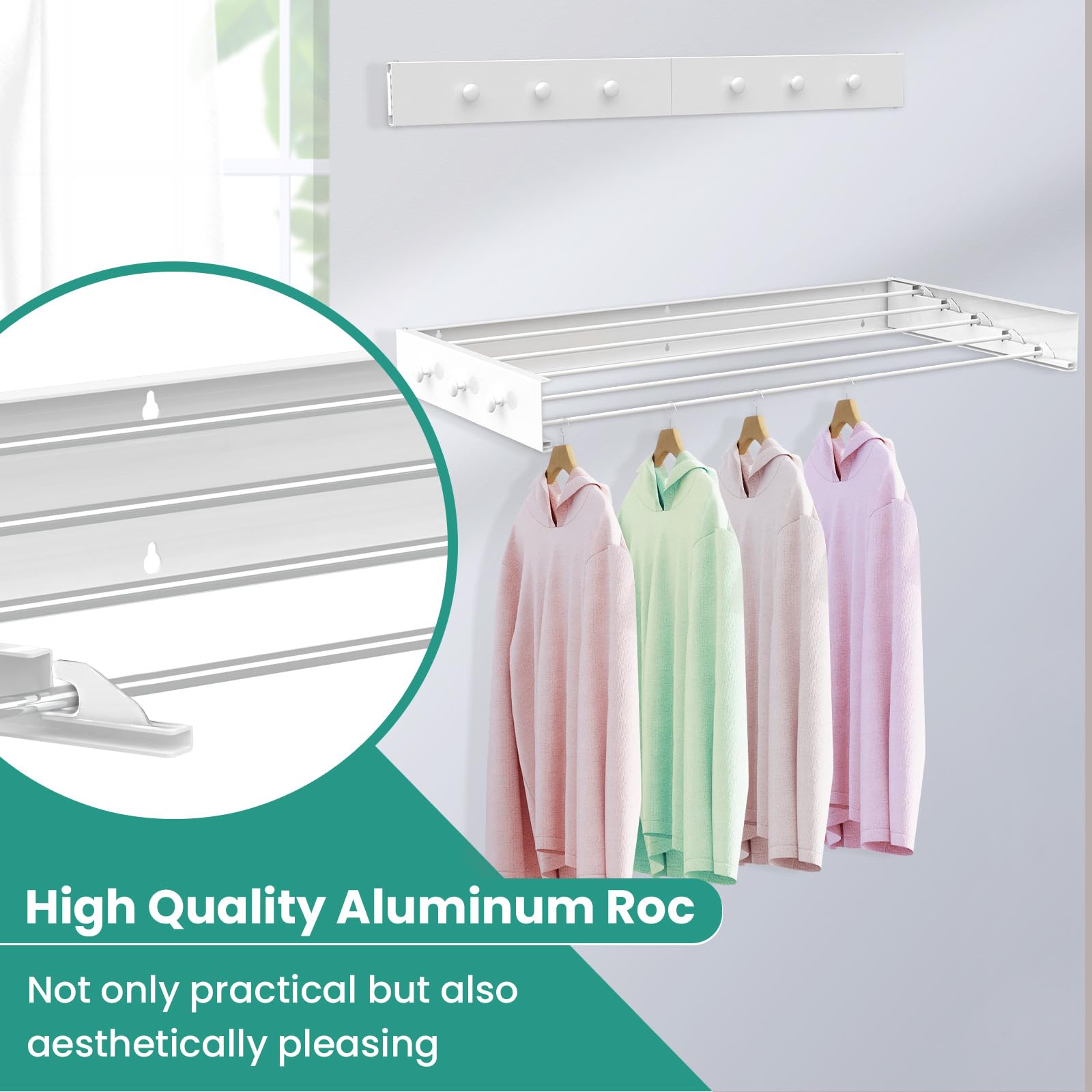 Muibe Upgrade 6 Knob Hooks Wall Mounted Clothes Drying Rack, Foldable Collapsible Wall Mount Laundry Drying Rack Indoor, Drying Rack Clothing, Towel Drying Rack with Wall Template, 5 Rods, 31.5"