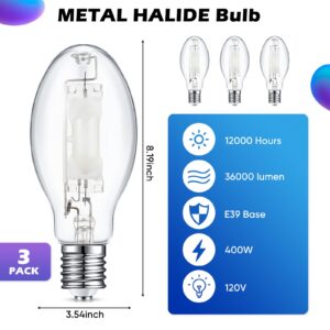 Rossesay 3 Pcs 400 Watt Lighting Metal Halide Lamp MH400/U/MOG 36000 Lumen 4000K Outdoor Light Bulb 12, 000 Hour Span Life Mogul Base (E39) ED28 High Intensity Discharge Metal Halide Bulb(400 Watt)