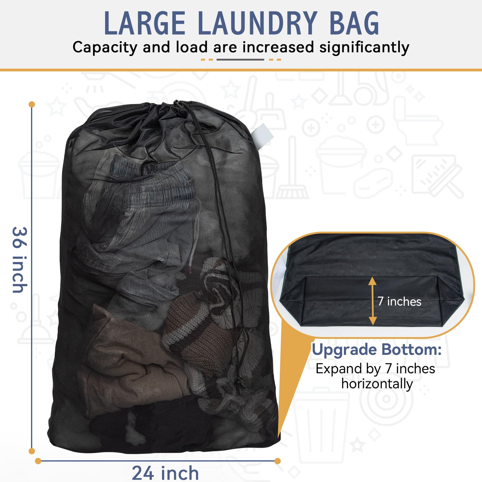 Isink Mesh Laundry Bag, 24" x 36" Large Heavy Duty Laundry Bag,Travel Laundry Bag for Dirty Clothes,Drawstring Laundry Bag for Apartments, College Dormitories,Camp (1 Pack, Black)