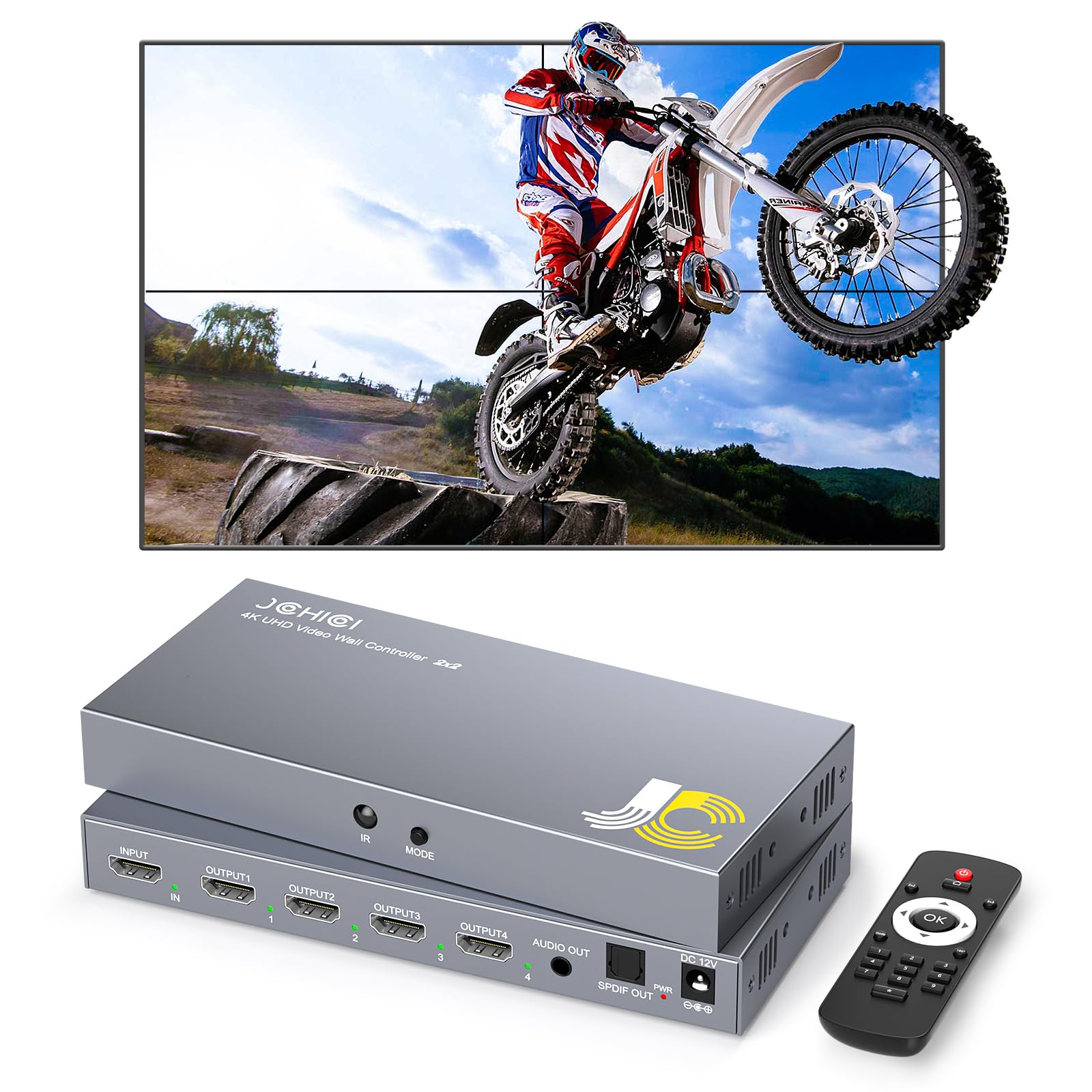 HDMI Video Wall Controller 2X2,4K x 2K HD Display,180 Degree Rotate, 8 Splicing Modes 2x2,1x2,1x3,1x4,2x1,3x1,4x1, Input 4K and Output 1080P, Streaming Media Video Device