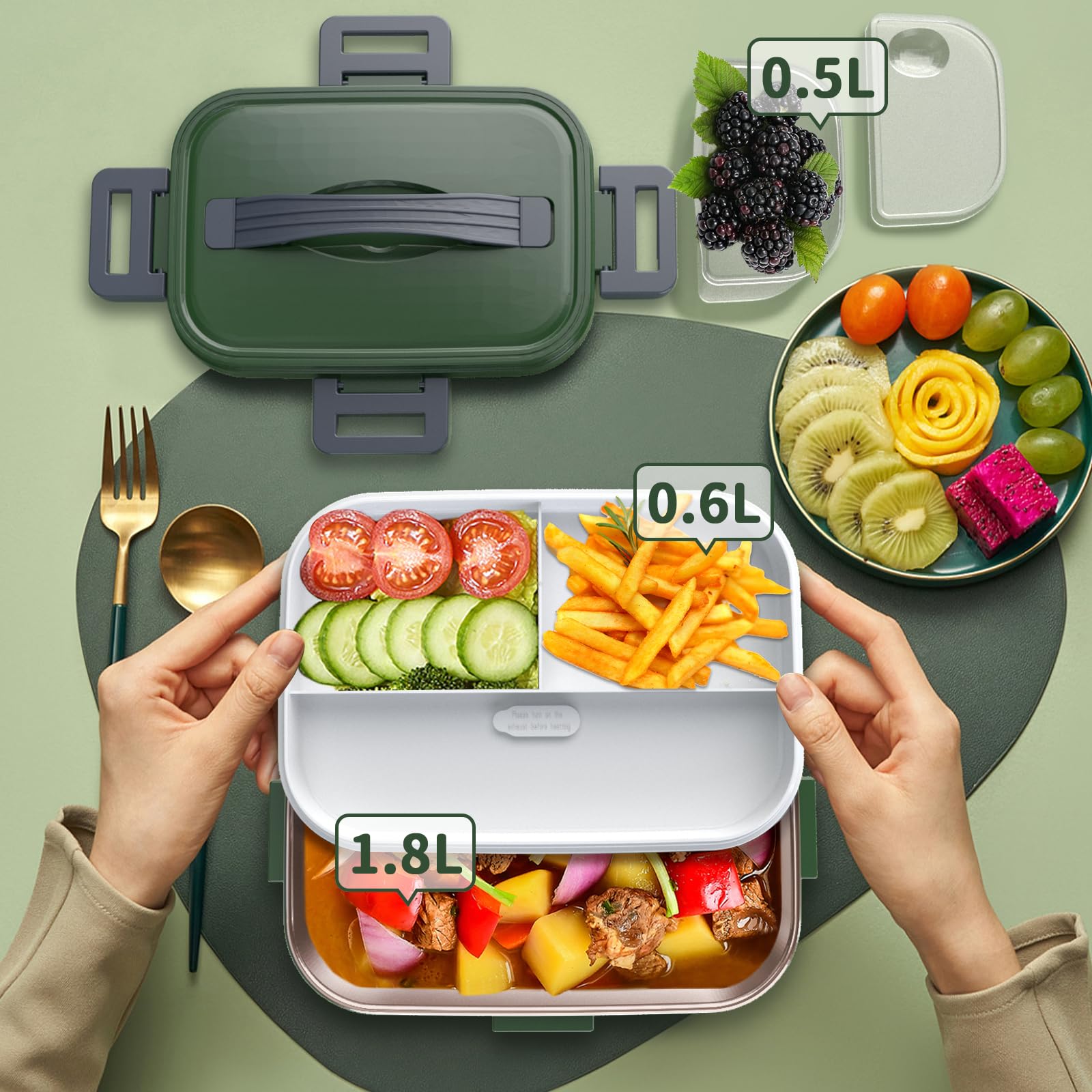 Electric Heated Lunch Box 100W - 3-IN-1 1.8L Fast Self Heating Lunch Boxes Portable Food Heater for Adults,12V/24V/110V with Leak-Proof Compartment Lid for Car Truck Office Home Green (3 Times Faster)