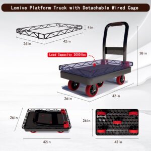 2IN1 Heavy Duty Platform Trucks Flatbed Carts, 42×26In 2000lbs Capacity Push Cart Dolly Hand Trucks w/Detachable Solid Steel Wire Fence, Collapsible Cage Cart Dolly, 5-Inch Silent TPR Wheels