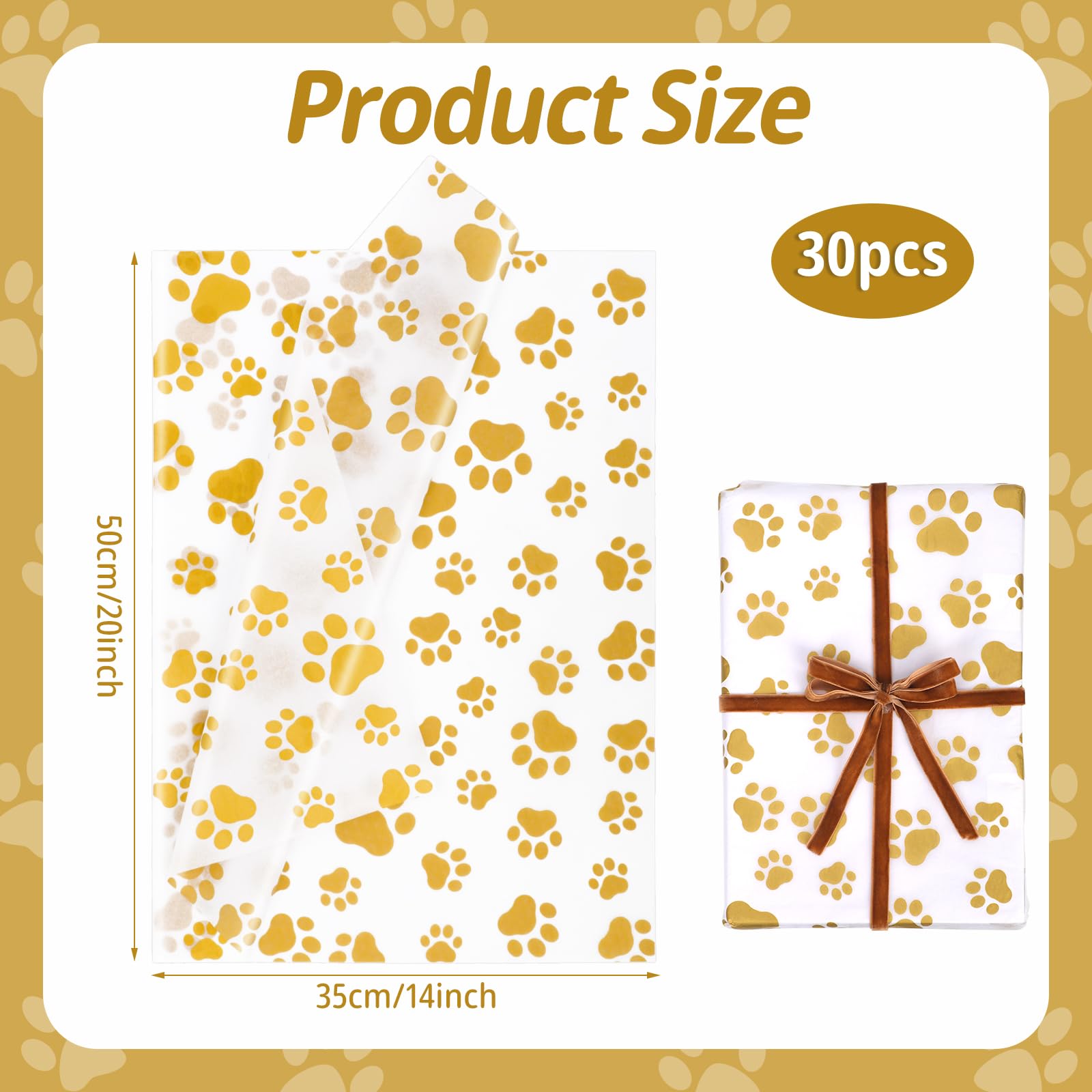 30pcs Dog Paw Tissue Paper, 20x14in Cute Paw Print Tissue Paper Gift Wrap Paper Puppy Paws Tissue Paper Sheets for Gift Packaging Wedding Birthday Party Supplies(Gold)