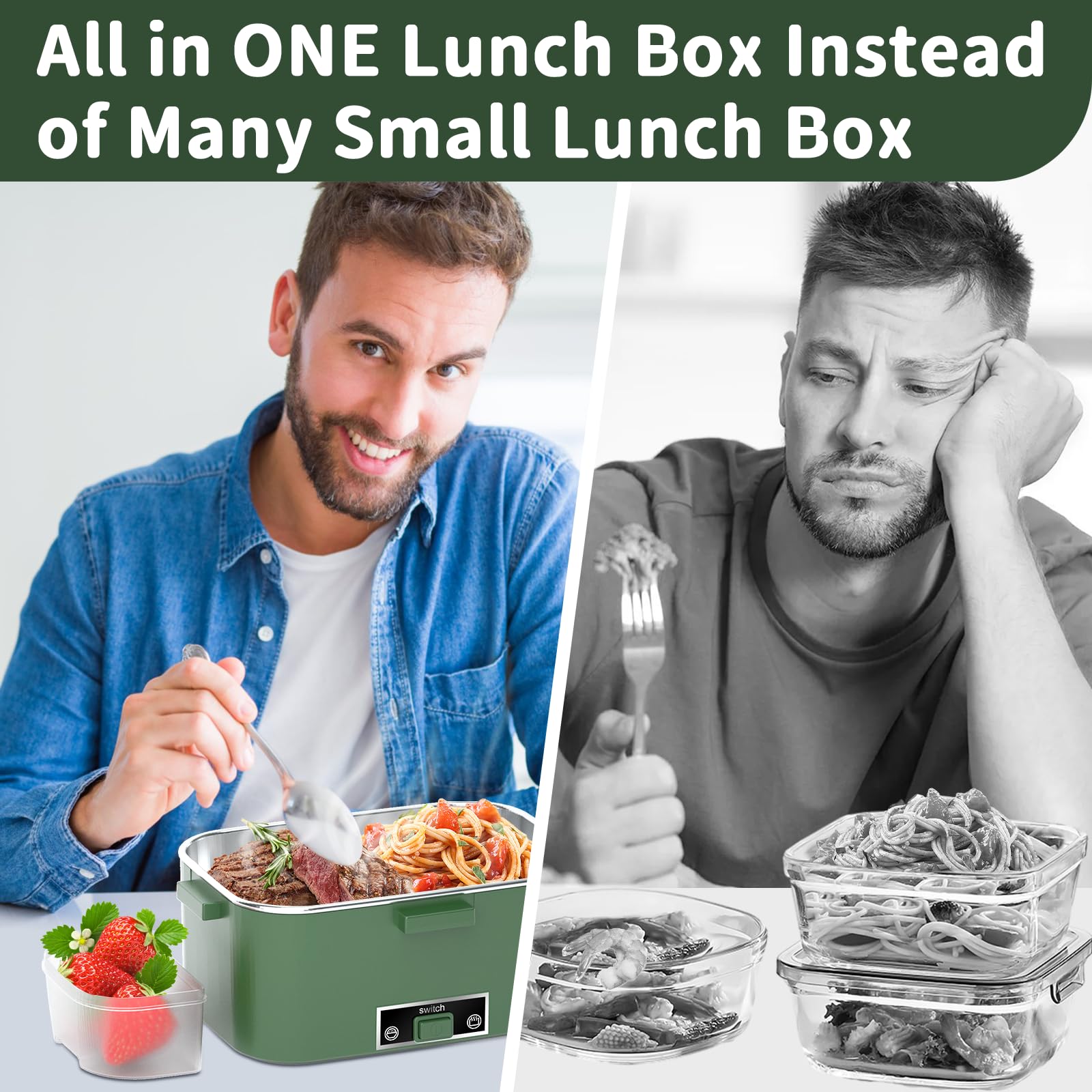 Electric Heated Lunch Box 100W - 3-IN-1 1.8L Fast Self Heating Lunch Boxes Portable Food Heater for Adults,12V/24V/110V with Leak-Proof Compartment Lid for Car Truck Office Home Green (3 Times Faster)