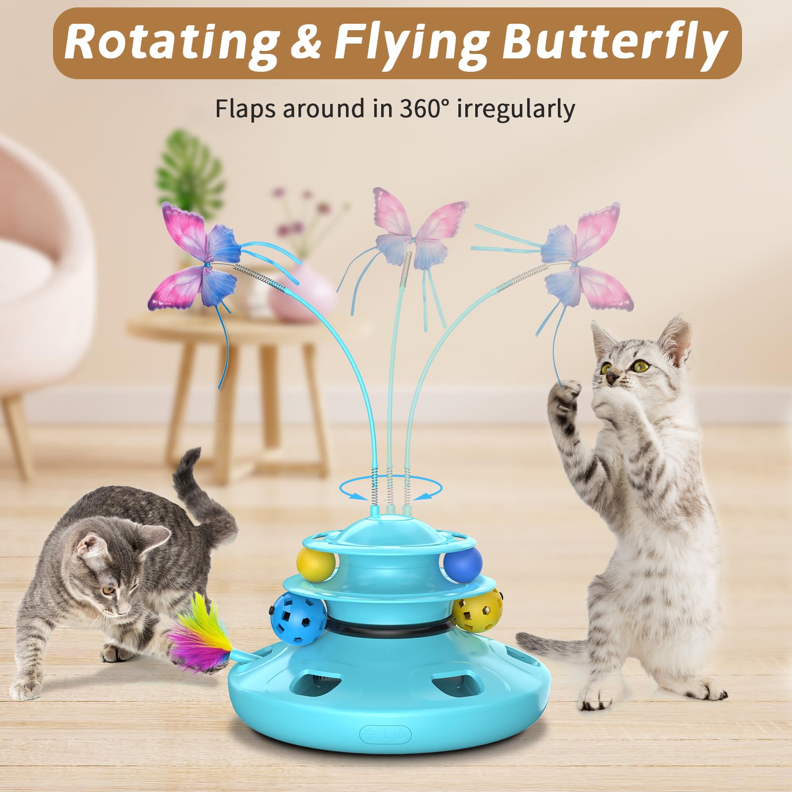 Cat Toys, 4-in-1 cat interactive toy for indoor Rechargeable Automatic with Fluttering Butterfly Random Moving Ambush Feather 2-Tier Track Balls for Bored Indoor Adult Cats Kittens All Breeds