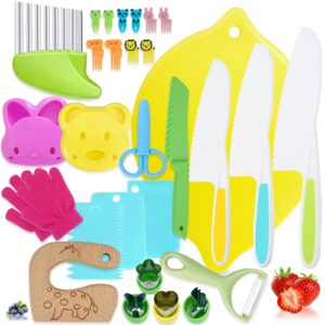 hiixhc 30pcs kids wooden kitchen knife set,kids knives for real cooking with cutting board - includes safe knives, serrated plastic knives,potato slicers, sandwich cutter, peeler and glove