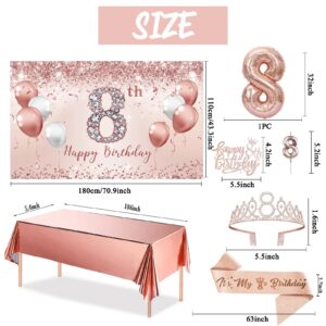 Trgowaul 8th Birthday Decorations Party Set for girls, Rose Gold 8 Birthday Banner and Tablecloth, 8 & Fabulous Sash and Tiara, 1PC Happy 8th Birthday Cake Topper, Pink Gold 8 Number Balloons