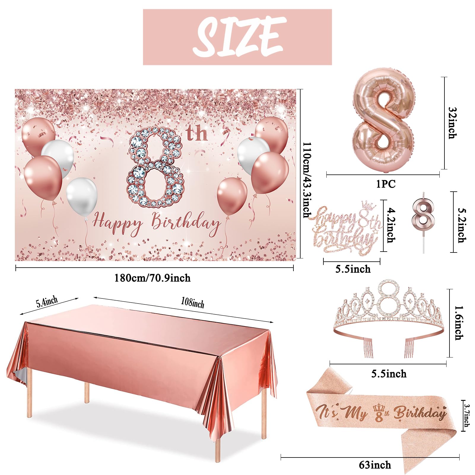 Trgowaul 8th Birthday Decorations Party Set for girls, Rose Gold 8 Birthday Banner and Tablecloth, 8 & Fabulous Sash and Tiara, 1PC Happy 8th Birthday Cake Topper, Pink Gold 8 Number Balloons