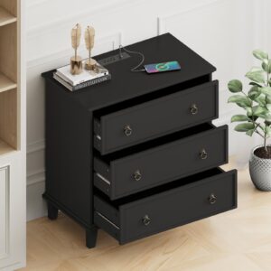 cowmou large black nightstand with charging station, 3 drawers nightstand 29.8" x 27.6", farmhouse bedside table nightstand with 3 drawer for bedroom, hallway, entryway