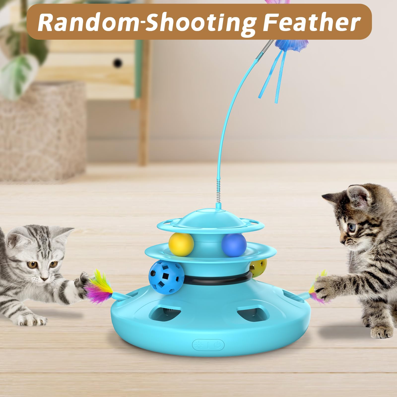 Cat Toys, 4-in-1 cat interactive toy for indoor Rechargeable Automatic with Fluttering Butterfly Random Moving Ambush Feather 2-Tier Track Balls for Bored Indoor Adult Cats Kittens All Breeds