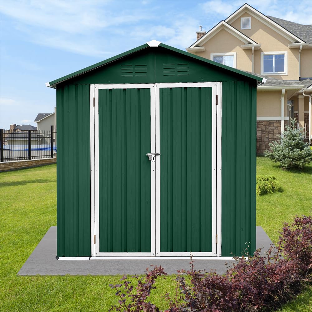 Outdoor Metal Storage Shed,4FTx 6FT Steel Utility Tool Shed Storage House with Door and Lock,Gable Sloping Roof Design Outdoor Storing Tools for Garden,Backyard Green+White