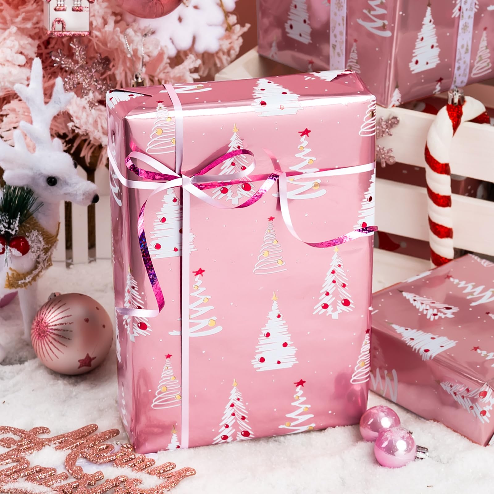 Burymento Christmas Wrapping Paper Roll, Pink Gift Wrap Paper with Grid Lines for Christmas，Metallic Foil Shiny Wrapping Paper - 17 Inches x 32.8 Feet 1 Roll Christmas Trees