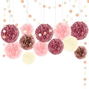 meiyko 15pcs dusty rose and pink tissue paper pom poms with paper garland string hanging backdrop for rose gold birthday, baby shower, bachelorette, bridal shower, wedding party decorations